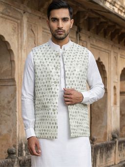 Jompers - Green Silk Blend Embroidered Nehru Jacket