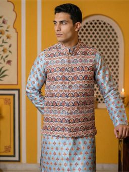 Jompers - Blue Silk Blend Abstract Nehru Jacket