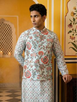 Jompers - Blue Silk Blend Floral Nehru Jacket