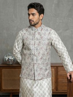 Jompers - Green Silk Blend Geometric Nehru Jacket