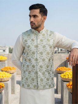 Jompers - Green Silk Blend Woven Nehru Jacket