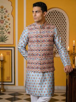 Jompers - Blue Silk Blend Abstract Kurta with Pyjama and Waistcoat