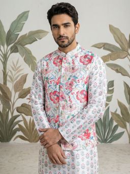 Jompers - White Silk Blend Floral Kurta with Pyjama and Waistcoat