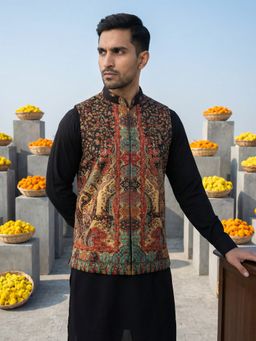 Jompers - Black Velvet Abstract Kurta with Pyjama and Waistcoat