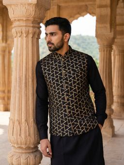 Jompers - Black Silk Blend Embroidered Kurta with Pyjama and Waistcoat