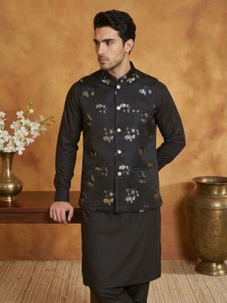 Jompers - Black Silk Blend Woven Kurta with Pyjama and Waistcoat
