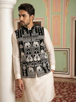 Jompers - Black Velvet Embroidered Kurta with Pyjama and Waistcoat