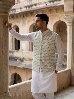 Jompers - Green Silk Blend Embroidered Kurta with Pyjama and Waistcoat