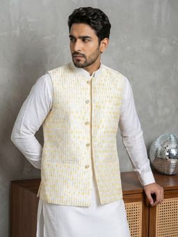 Jompers - Yellow Silk Blend Embroidered Kurta with Pyjama and Waistcoat
