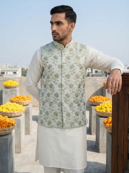 Jompers - Green Silk Blend Woven Kurta with Pyjama and Waistcoat