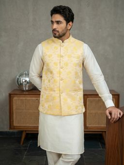 Jompers - Yellow Silk Blend Woven Kurta with Pyjama and Waistcoat