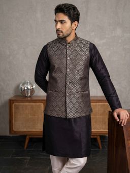 Jompers - Gold Silk Blend Woven Kurta with Churidar and Waistcoat