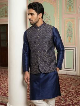 Jompers - Blue Silk Blend Woven Kurta with Churidar and Waistcoat