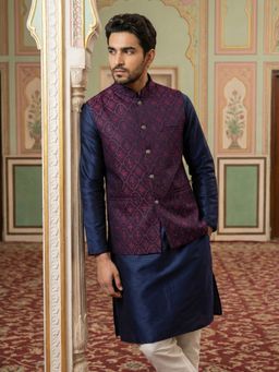 Jompers - Maroon Silk Blend Woven Kurta with Churidar and Waistcoat