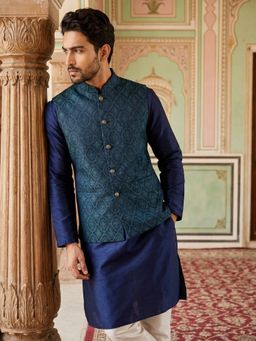 Jompers - Teal Silk Blend Woven Kurta with Churidar and Waistcoat