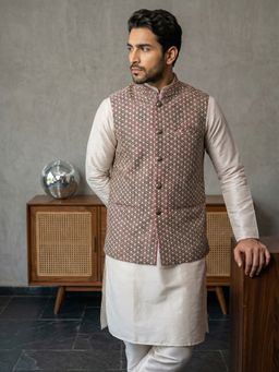 Jompers - Peach Silk Blend Woven Kurta with Churidar and Waistcoat