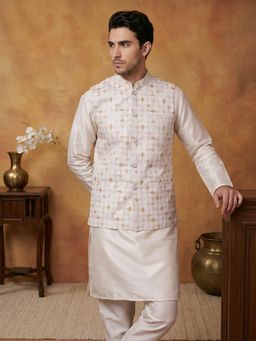 Jompers - White Silk Blend Embroidered Kurta with Churidar and Waistcoat