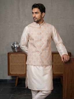 Jompers - Orange Silk Blend Embroidered Kurta with Churidar and Waistcoat