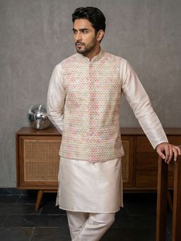 Jompers - Yellow Silk Blend Embroidered Kurta with Churidar and Waistcoat