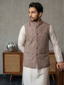 Jompers - Peach Silk Blend Woven Nehru Jacket