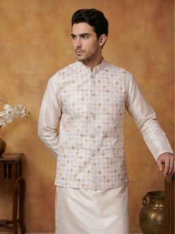 Jompers - Off White Cotton Blend Embroidered Nehru Jacket