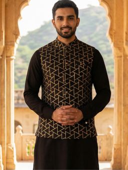 Jompers - Black Velvet Embroidered Nehru Jacket