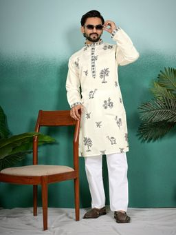 Pink Ethnic - Off White Art Silk Embroidered Kurta with Pyjama