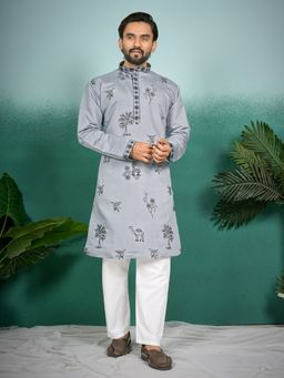 Pink Ethnic - Grey Art Silk Embroidered Kurta with Pyjama