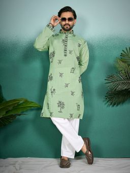 Pink Ethnic - Green Art Silk Embroidered Kurta with Pyjama