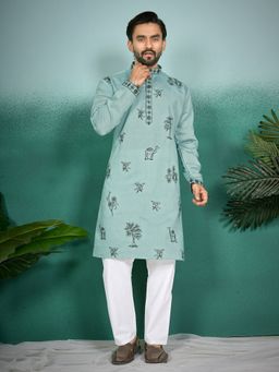 Pink Ethnic - Teal Art Silk Embroidered Kurta with Pyjama