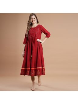 Rangdeep - Women Red Cotton Embroidered Dress