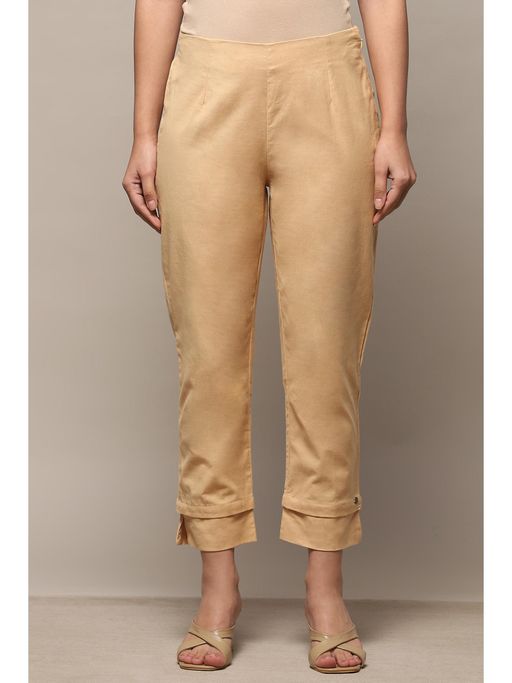 Buy Biba Almond Beige Cotton Flax Regular Pant Online