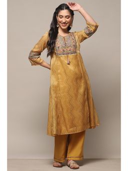 Biba - Mustard Tissue Gathered Kurta with Palazzo (Set of 2)