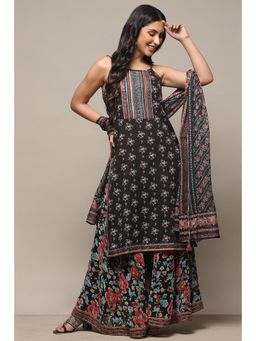 Biba - Black Linen Blend Straight Kurta with Sharara and Dupatta (Set of 3)