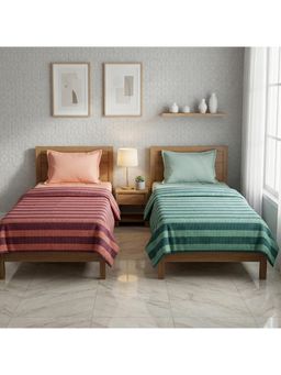 Athom Living - Star Stripes Cotton Bedsheet- Lavender & Water Green,Pack Of 2 (M)