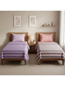 Athom Living - Star Stripes Cotton Bedsheet- Lavender & Pink Grey Color (Pack Of 2) (M)
