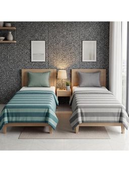 Athom Living - Star Stripes Cotton Bedsheet- Water Green & Grey Color (Pack Of 2) (M)