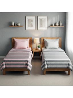 Athom Living - Star Stripes Cotton Bedsheet- Pink & Grey Color (Pack Of 2) (M)