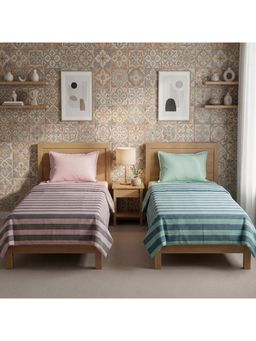 Athom Living - Star Stripes Cotton Bedsheet- Pink Grey & Green Color (Pack Of 2) (M)