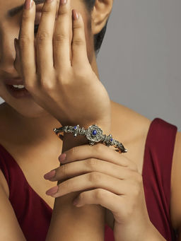 Divas Mantra - 92.5 Silver Oxidised ASAWIR Kada with Blue Spinel Stone