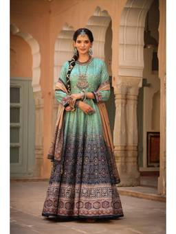 Scakhi - Navy Banarasi Silk Bandahni Print Morpankh Anarkali (Set of 3)