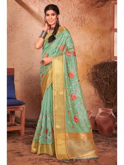Sangam Prints - Turquoise Embroidery with Stone Traditional Tassel Saree with Unstitched Blouse