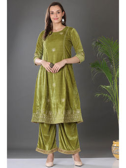 Kaanchie Nanggia - Green Velvet Embroidered Party Wear Kurta with Palazzo (Set of 2)