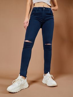 DOLCE CRUDO - Womens Navy Blue Skinny Fit High Rise Knee Slit Denim Stretchable Jeans
