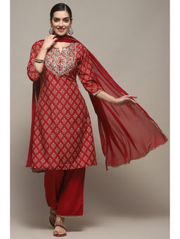 Biba - Red Rayon Straight Kurta and Palazzo with Dupatta (Set of 3)