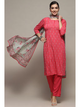 Biba - Coral Rayon Gathered Kurta and Pant with Dupatta (Set of 3)