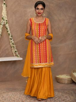 Gajra Gang - Bandhej Multi Colour Short Kurta With Sharara & Dupatta (Set of 3)