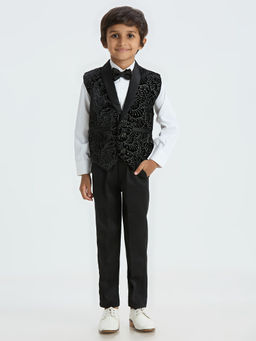 Kids Island - Black Embroidered Shirt with Waistcoat, Pant and Bowtie (Set of 4)