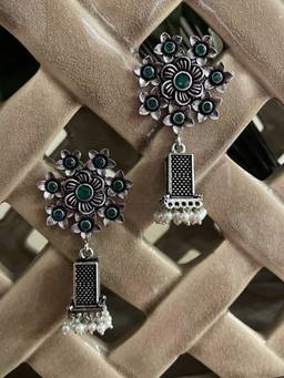 Digital Dress Room - German Oxidized Floral Green Earrings for Women