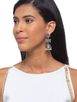 Digital Dress Room - German Oxidized Peacock/Damru Engraved Pink Earrings